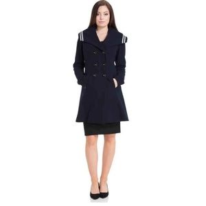 Voodoo Vixen Jennifer Nautical Coat NWT Navy Blue Striped Flared Peacoat L